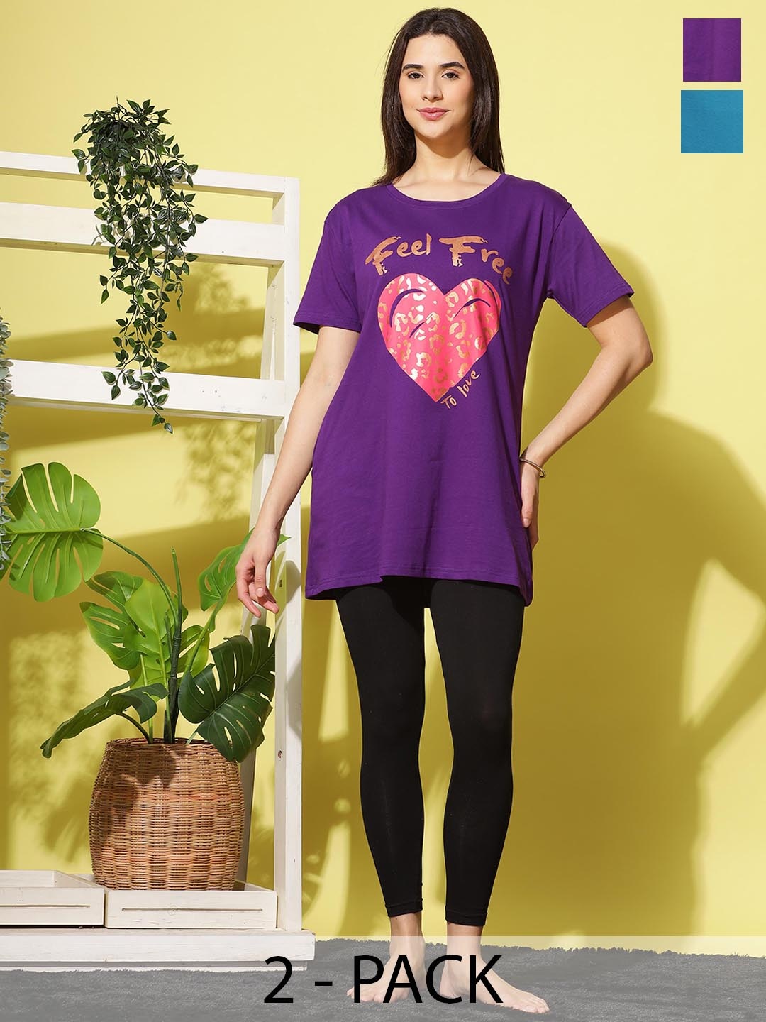 

9shines Label Pack Of 2 Graphic Printed Cotton Longline Lounge T-shirts, Purple