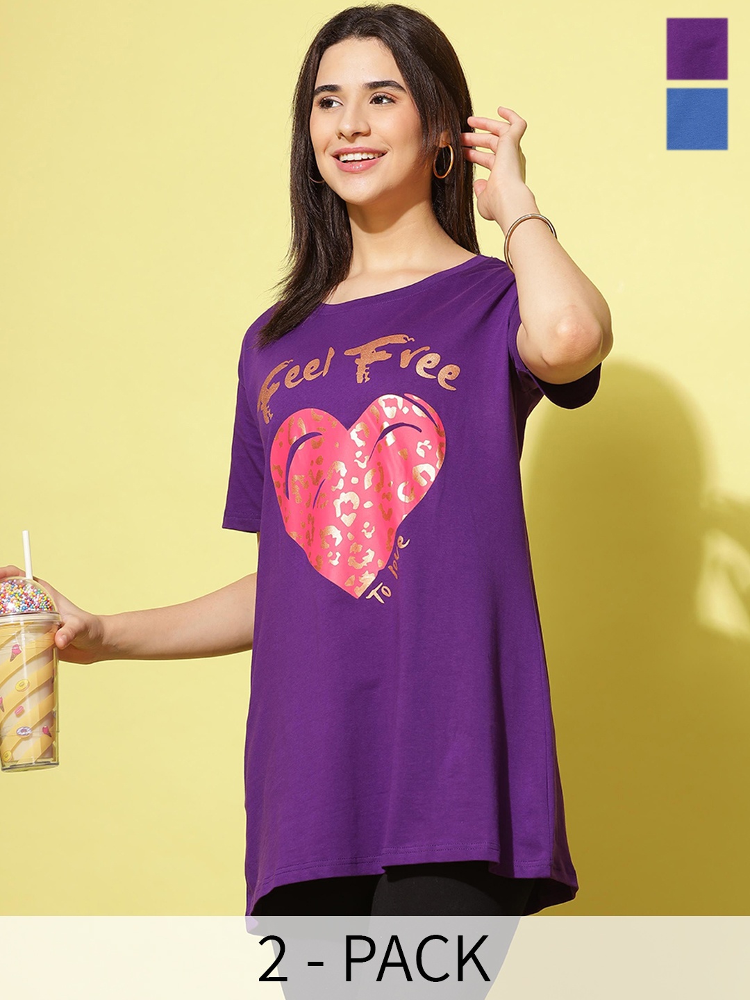 

9shines Label Pack Of 2 Graphic Printed Cotton Longline Lounge T-shirts, Purple
