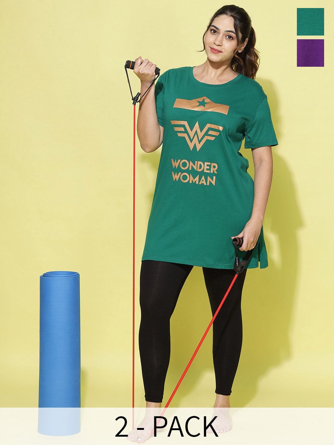 

9shines Label Women Plus Size Pack of 2 Graphic Printed Cotton Lounge T-shirts, Green