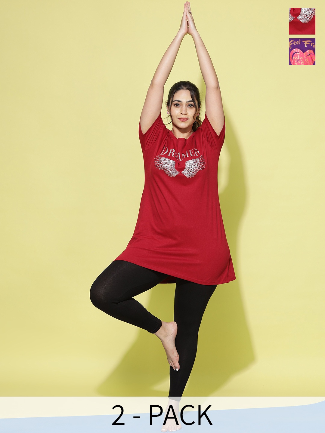 

9shines Label Pack Of 2 Graphic Printed Cotton Longline Lounge T-shirts, Red