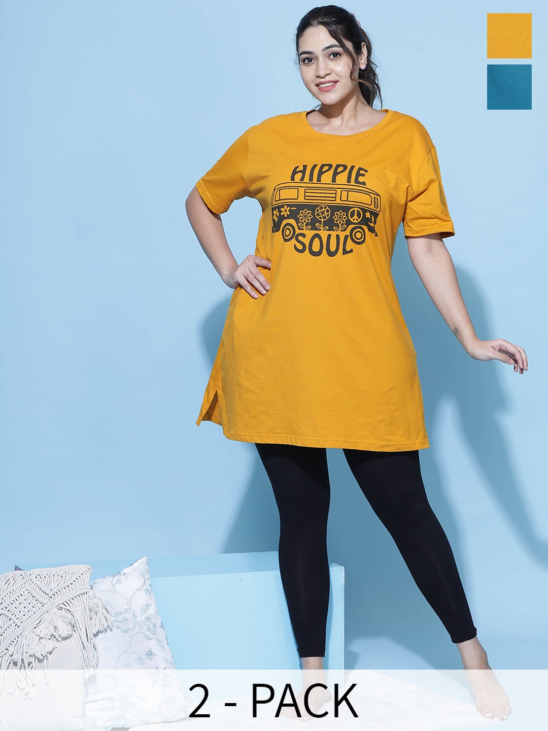 

9shines Label Pack Of 2 Graphic Printed Cotton Longline Lounge T-shirts, Blue