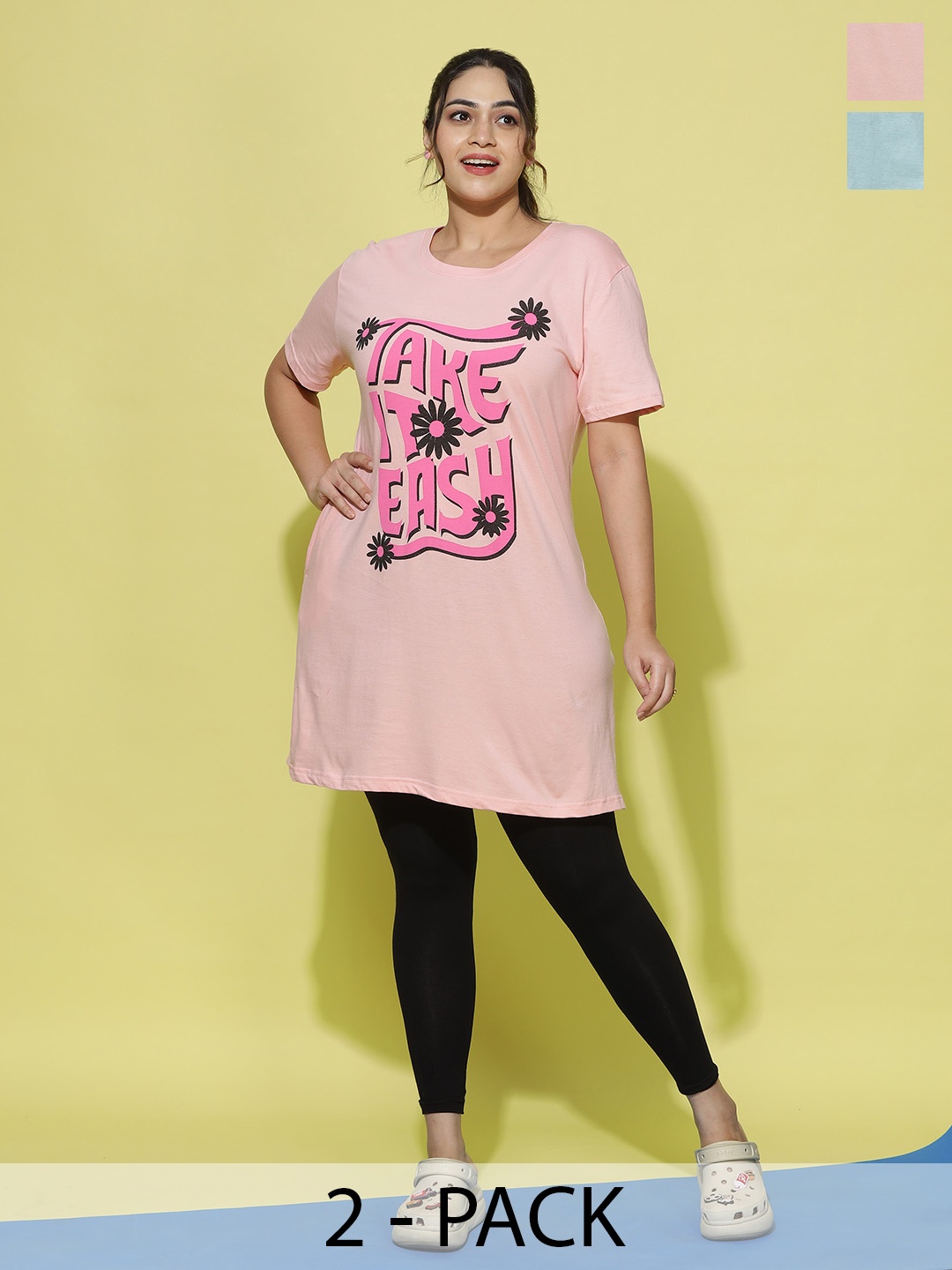 

9shines Label Women 2 Pcs Cotton Lounge Tshirts, Green
