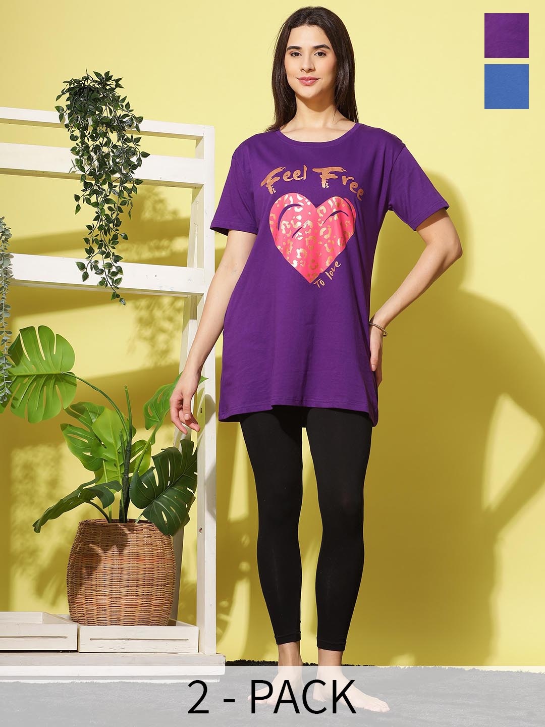 

9shines Label Pack Of 2 Graphic Printed Cotton Longline Lounge T-shirts, Purple