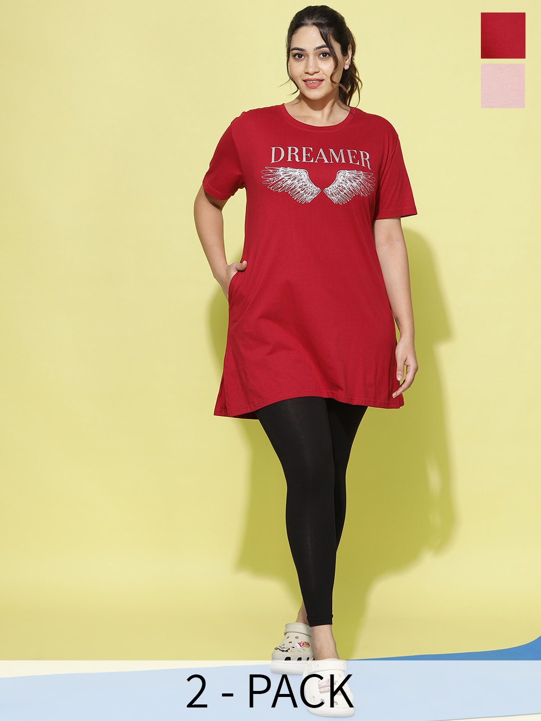 

9shines Label Plus Size Pack Of 2 Printed Cotton Lounge T-shirts, Red