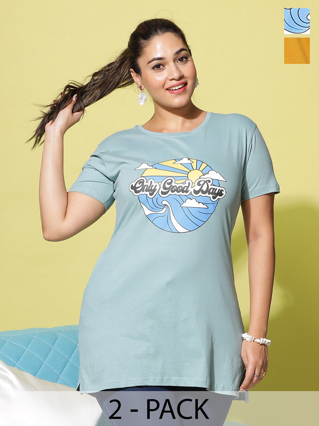 

9shines Label Pack Of 2 Printed Cotton Lounge Tshirts, Mustard