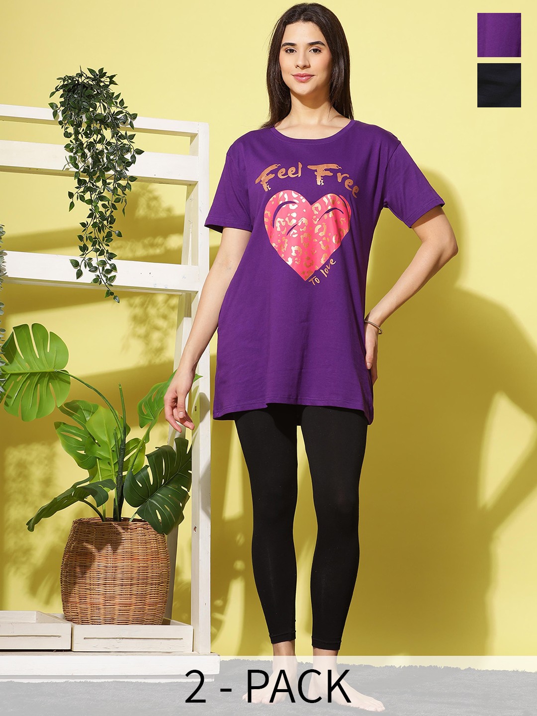 

9shines Label Pack Of 2 Graphic Printed Cotton Longline Lounge T-shirts, Purple