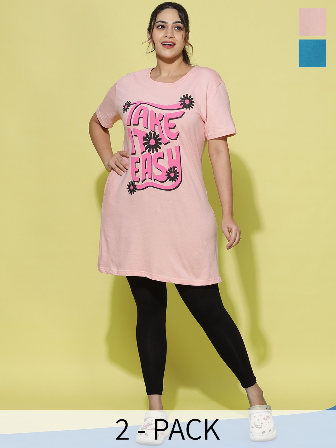 

9shines Label Pack Of 2 Graphic Printed Cotton Longline Lounge T-shirts, Pink