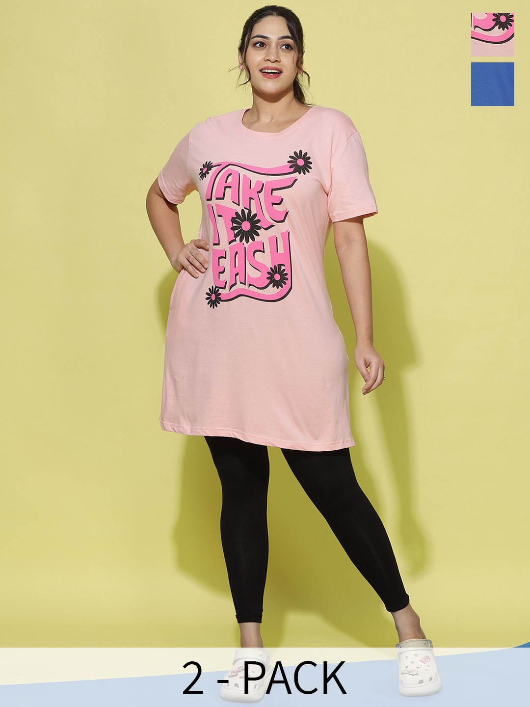 

9shines Label Pack Of 2 Graphic Printed Cotton Longline Lounge T-shirts, Pink
