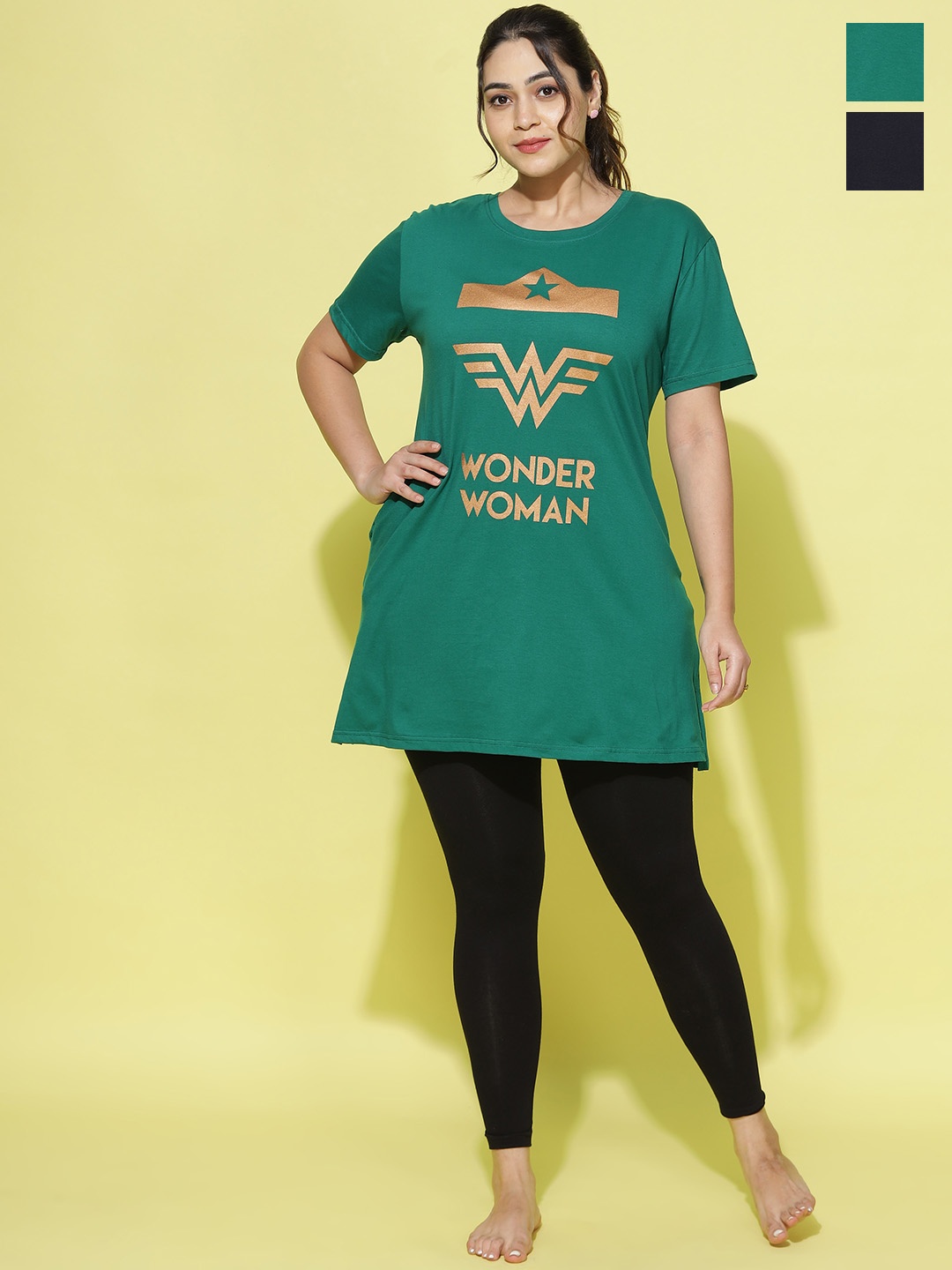 

9shines Label Pack Of 2 Plus Size Graphic Printed Cotton Longline Lounge T-shirts, Green
