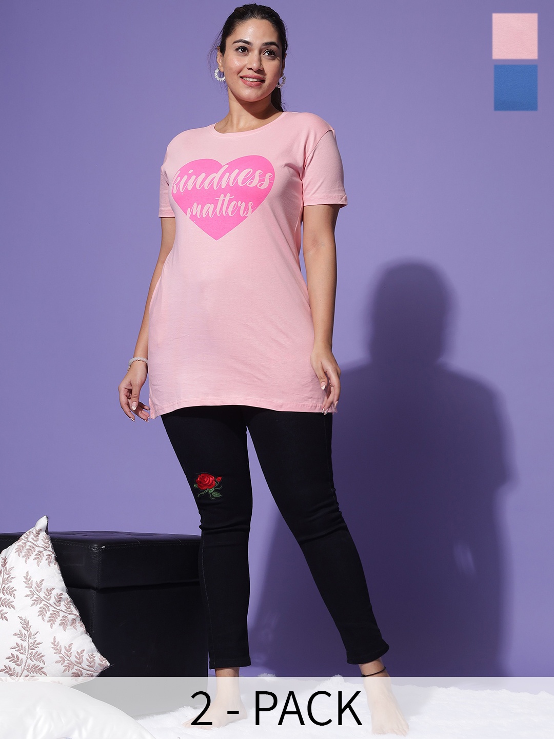 

9shines Label Pack Of 2 Printed Cotton Lounge T-Shirts, Blue