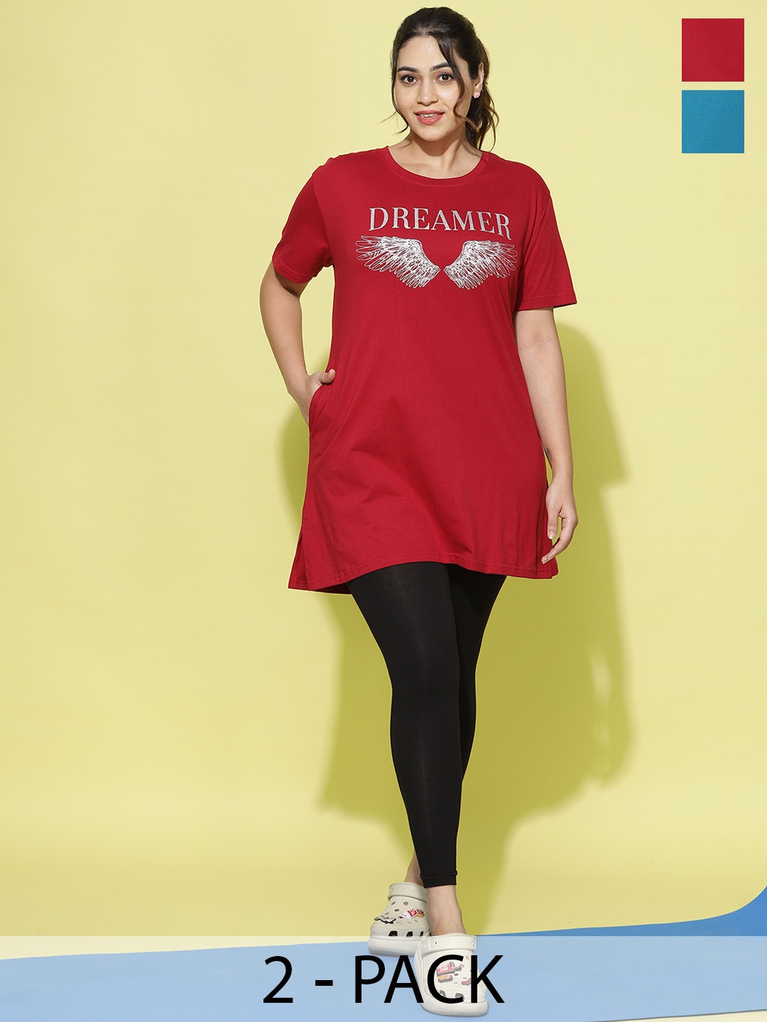 

9shines Label Pack Of 2 Graphic Printed Cotton Plus Size Longline Lounge T-Shirts, Red