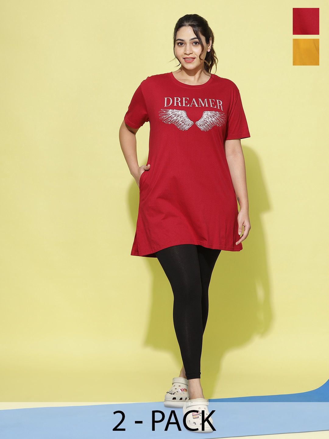 

9shines Label Pack Of 2 Graphic Printed Cotton Plus Size Longline Lounge T-Shirts, Mustard