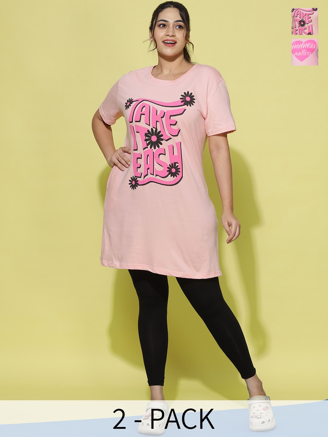 

9shines Label Pack of 2 Printed Cotton Lounge Tshirts, Pink
