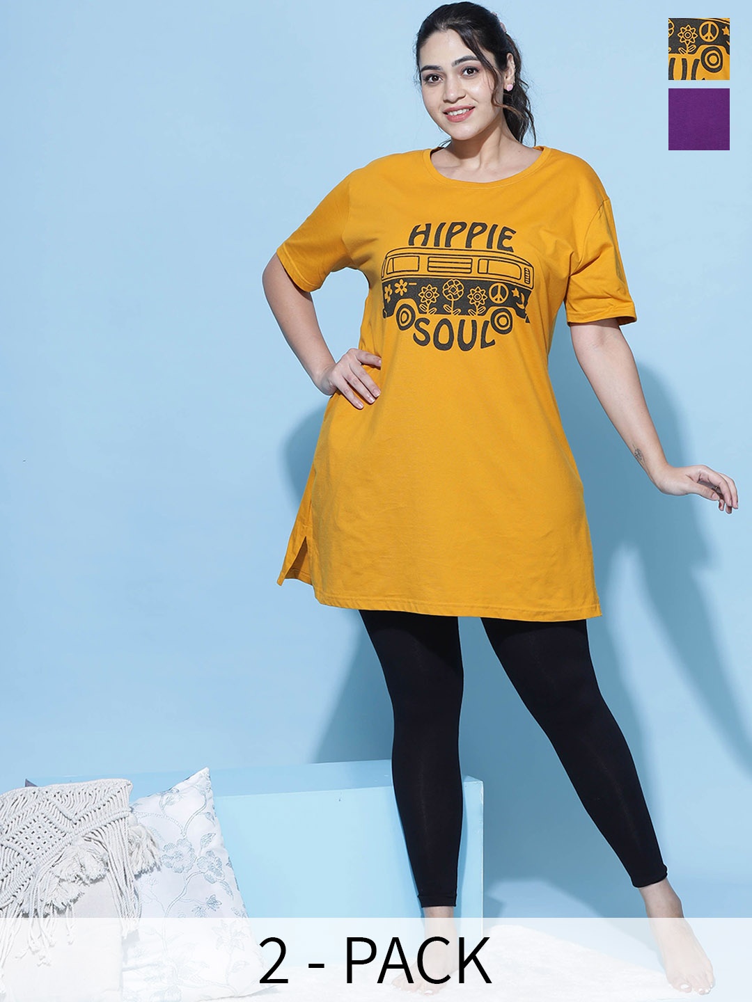 

9shines Label Pack Of 2 Graphic Printed Cotton Plus Size Longline Lounge T-shirts, Yellow