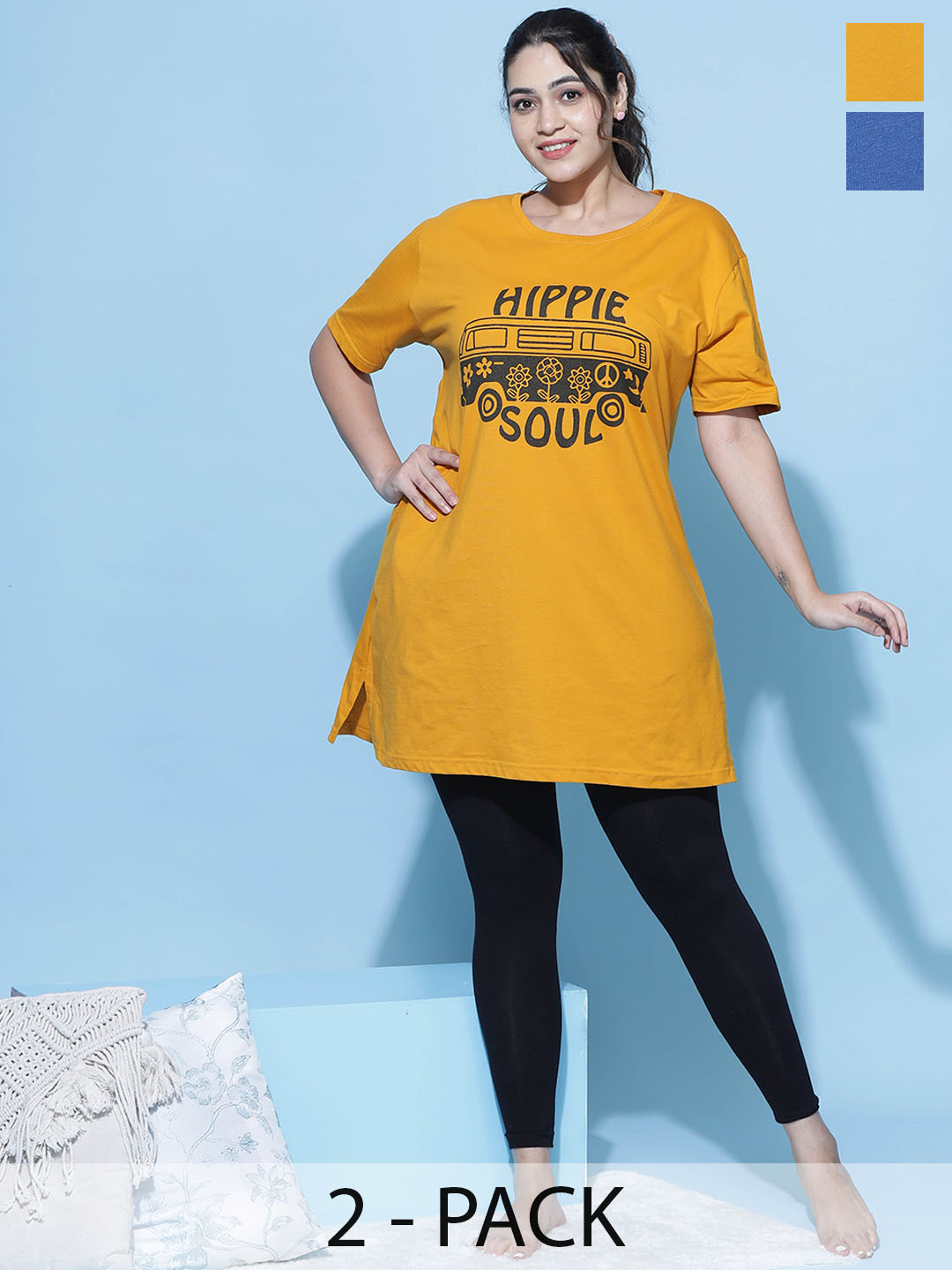 

9shines Label Pack Of 2 Printed Cotton Plus Size Lounge T-Shirts, Blue