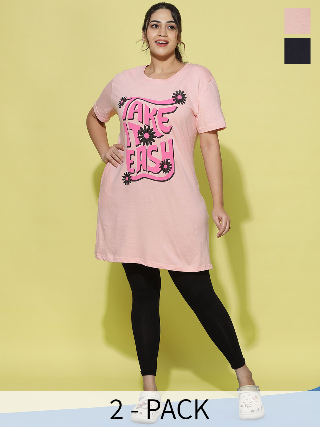 

9shines Label Plus Size Pack Of 2 Graphic Printed Cotton Longline Lounge T-Shirts, Blue