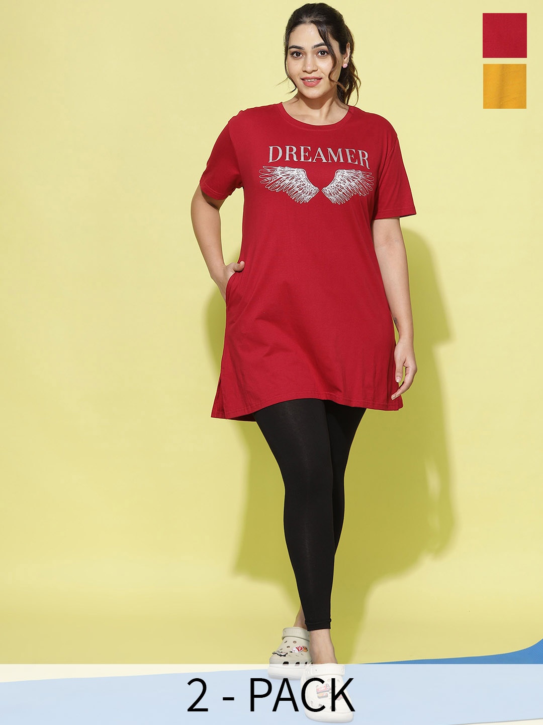 

9shines Label Pack Of 2 Printed Cotton Lounge T-shirts, Mustard