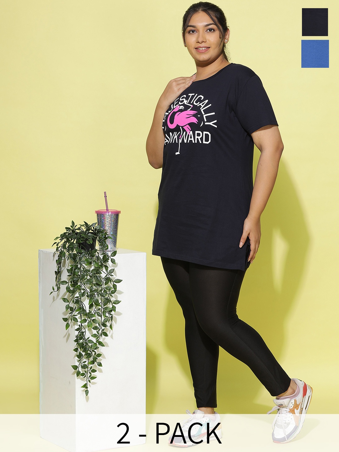 

9shines Label Pack Of 2 Printed Cotton Longline Lounge T-Shirts, Navy blue