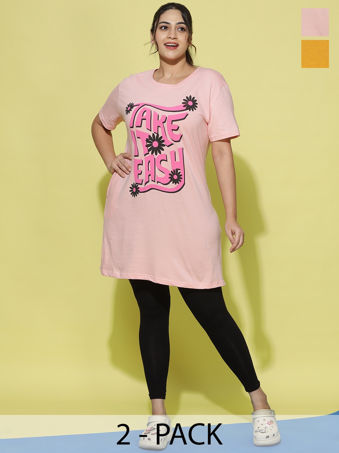 

9shines Label Pack Of 2 Printed Cotton Lounge T-shirts, Pink