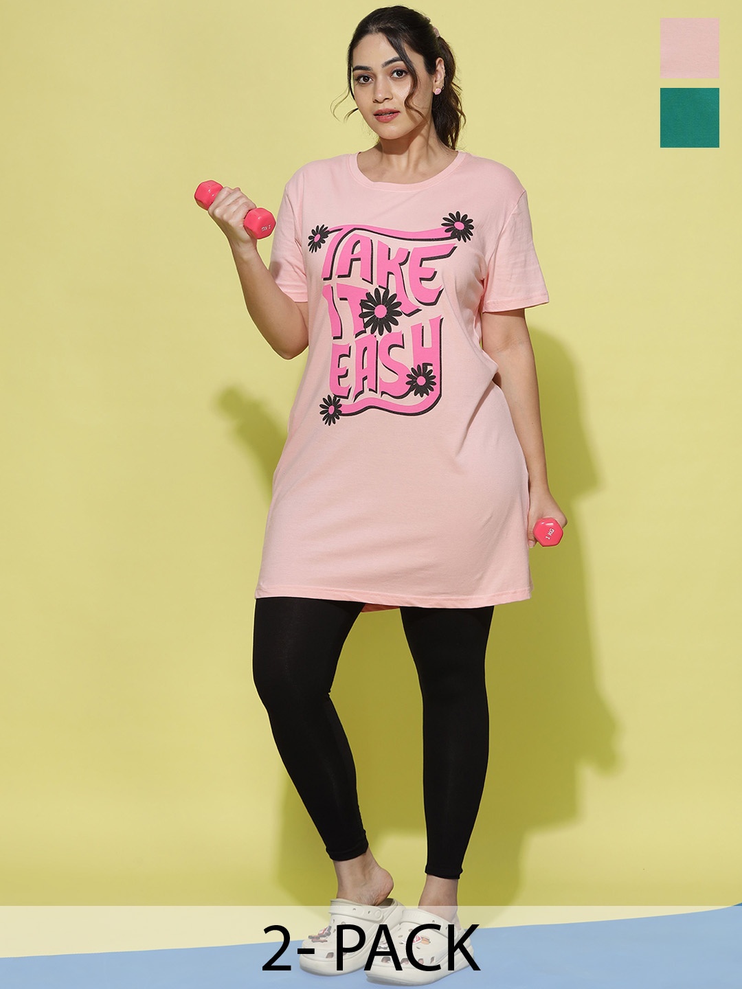 

9shines Label Pack of 2 Printed Cotton Drop-Shoulder Lounge T-shirt, Pink