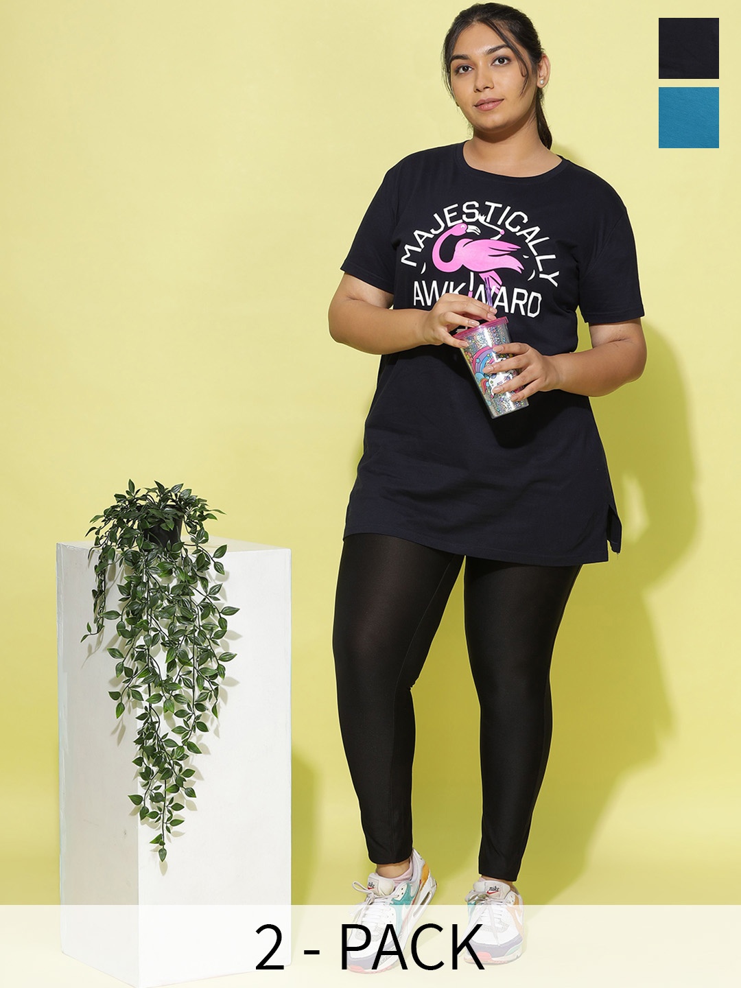 

9shines Label Pack Of 2 Printed Cotton Plus Size Lounge T-Shirts, Blue