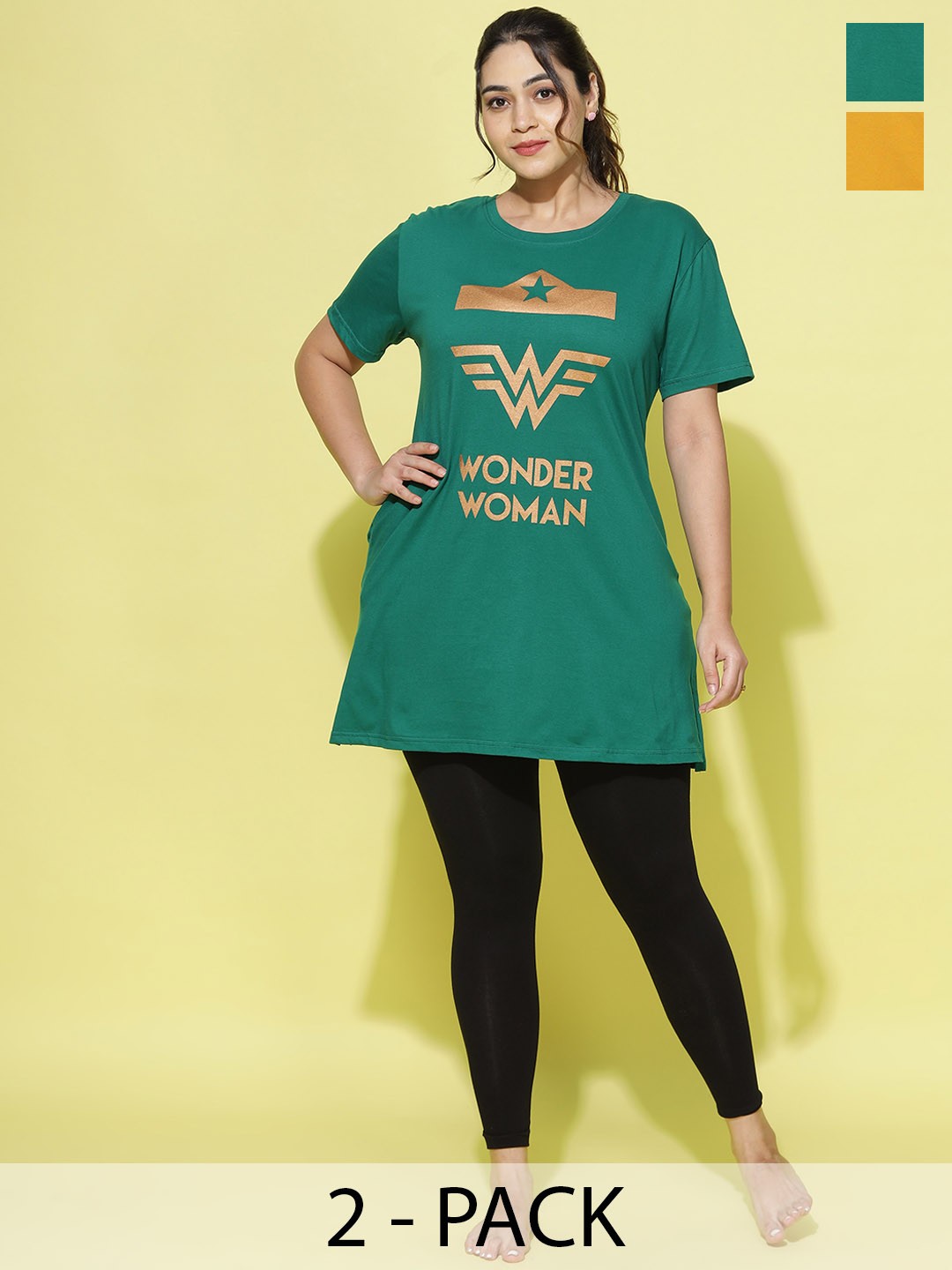 9shines Label Women Cotton 2 Pcs Plus Size Lounge Tshirts, Green