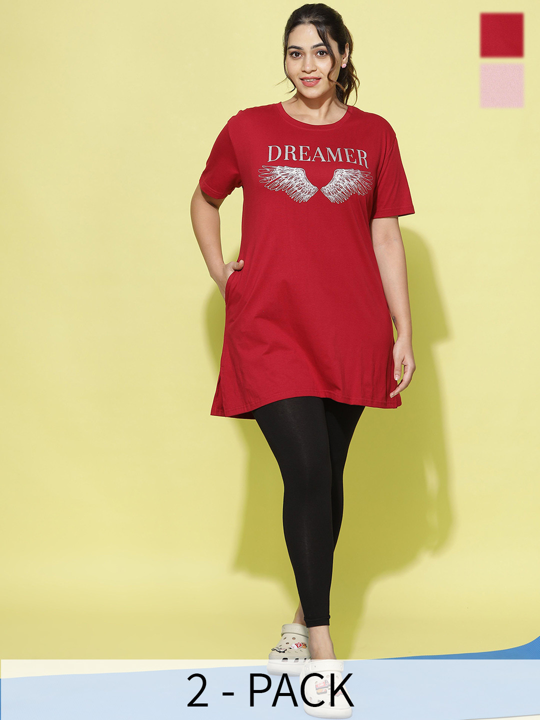 

9shines Label Pack Of 2 Printed Cotton Long Lounge T-Shirts Plus Size, Pink