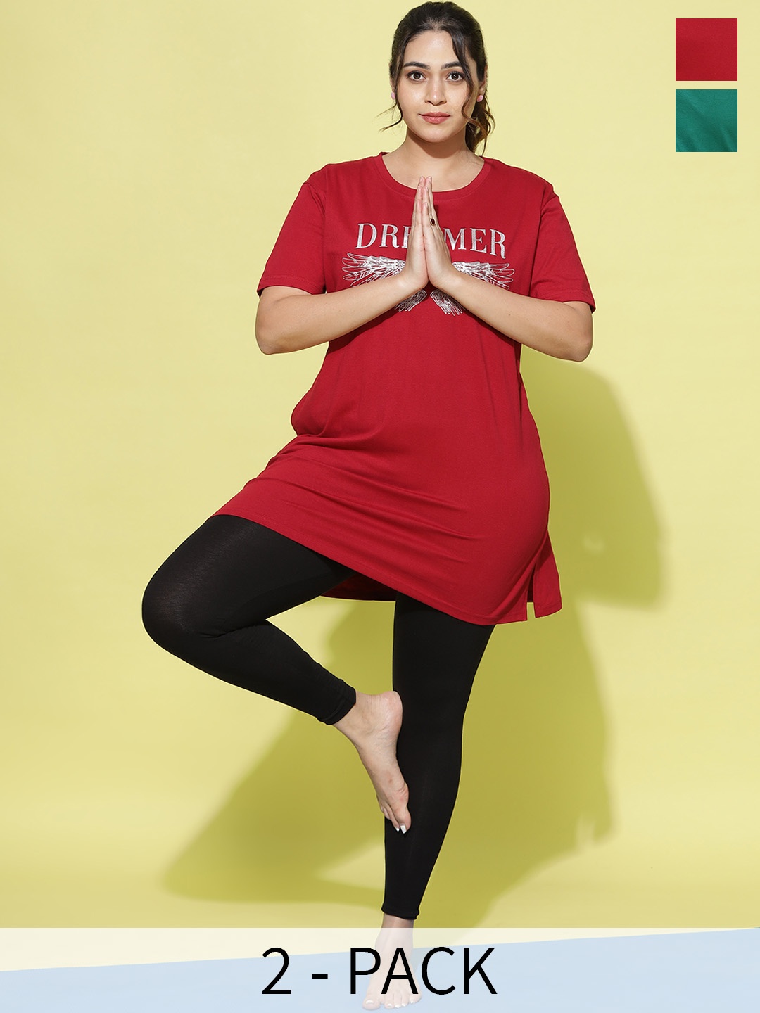 

9shines Label Plus Size Pack of 2 Printed Cotton Drop shoulder Lounge Tshirts, Green