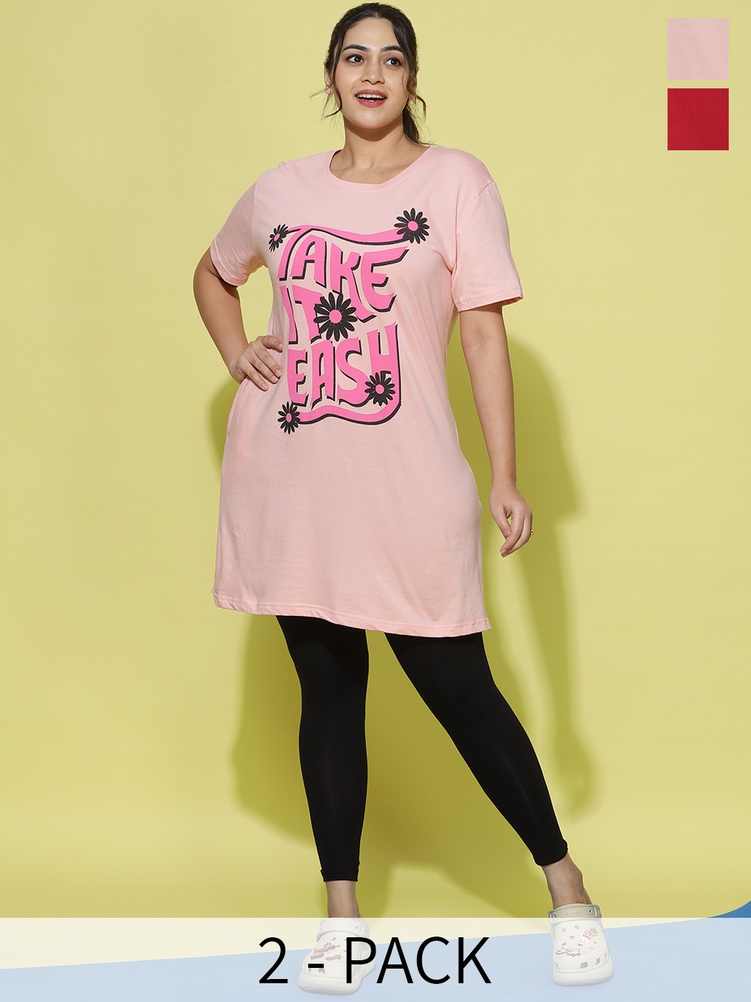 

9shines Label Women 2Pcs Cotton Lounge T-shirts, Pink