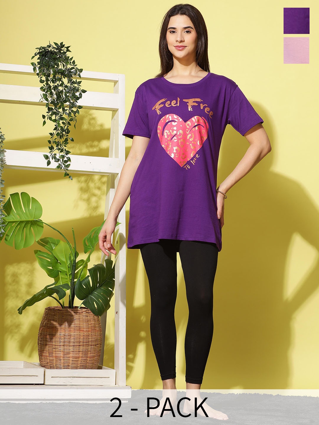 

9shines Label Pack Of 2 Printed Cotton Lounge T-shirt, Pink