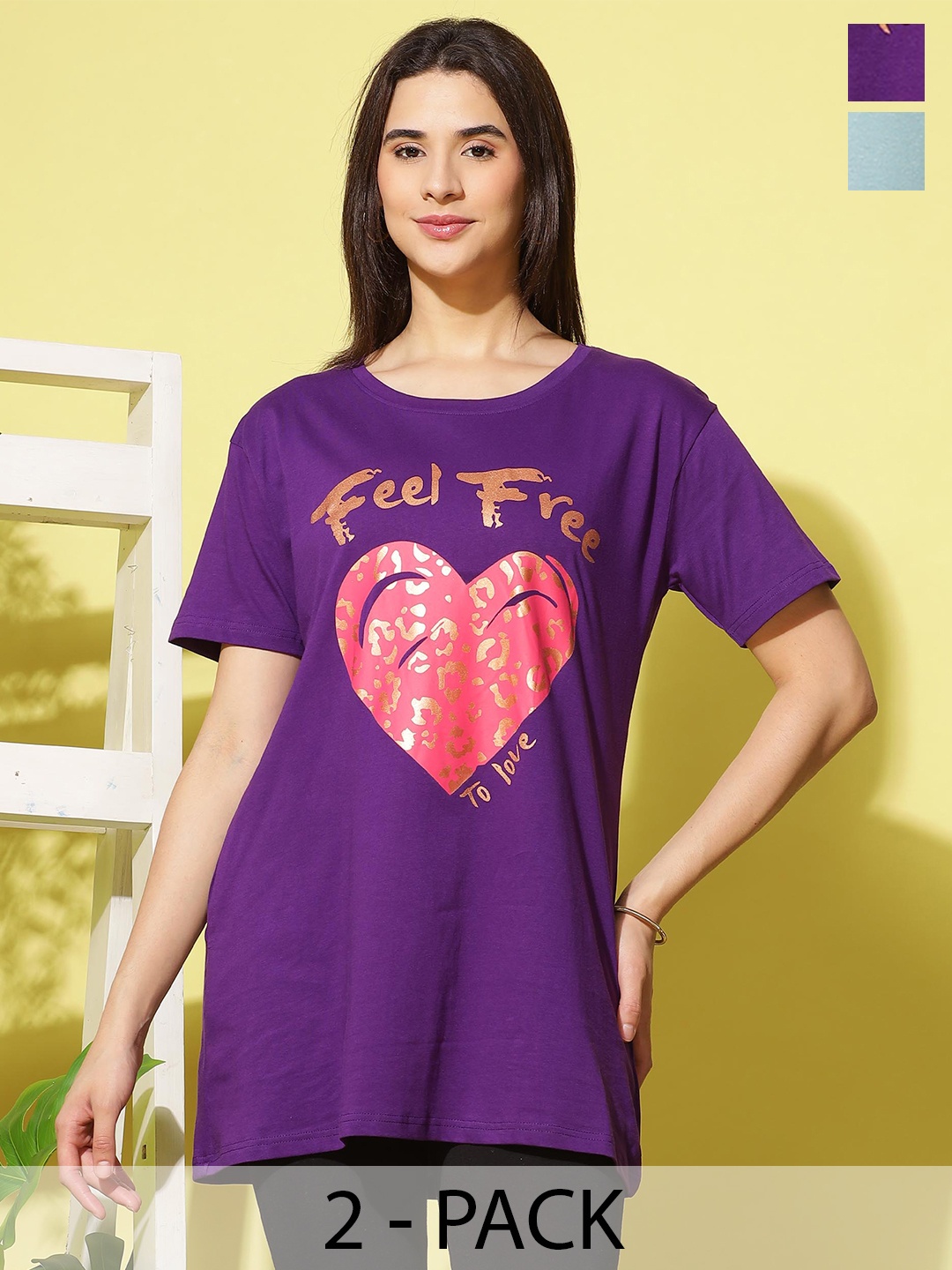 

9shines Label Pack Of 2 Printed Cotton Long Lounge T-shirts, Purple