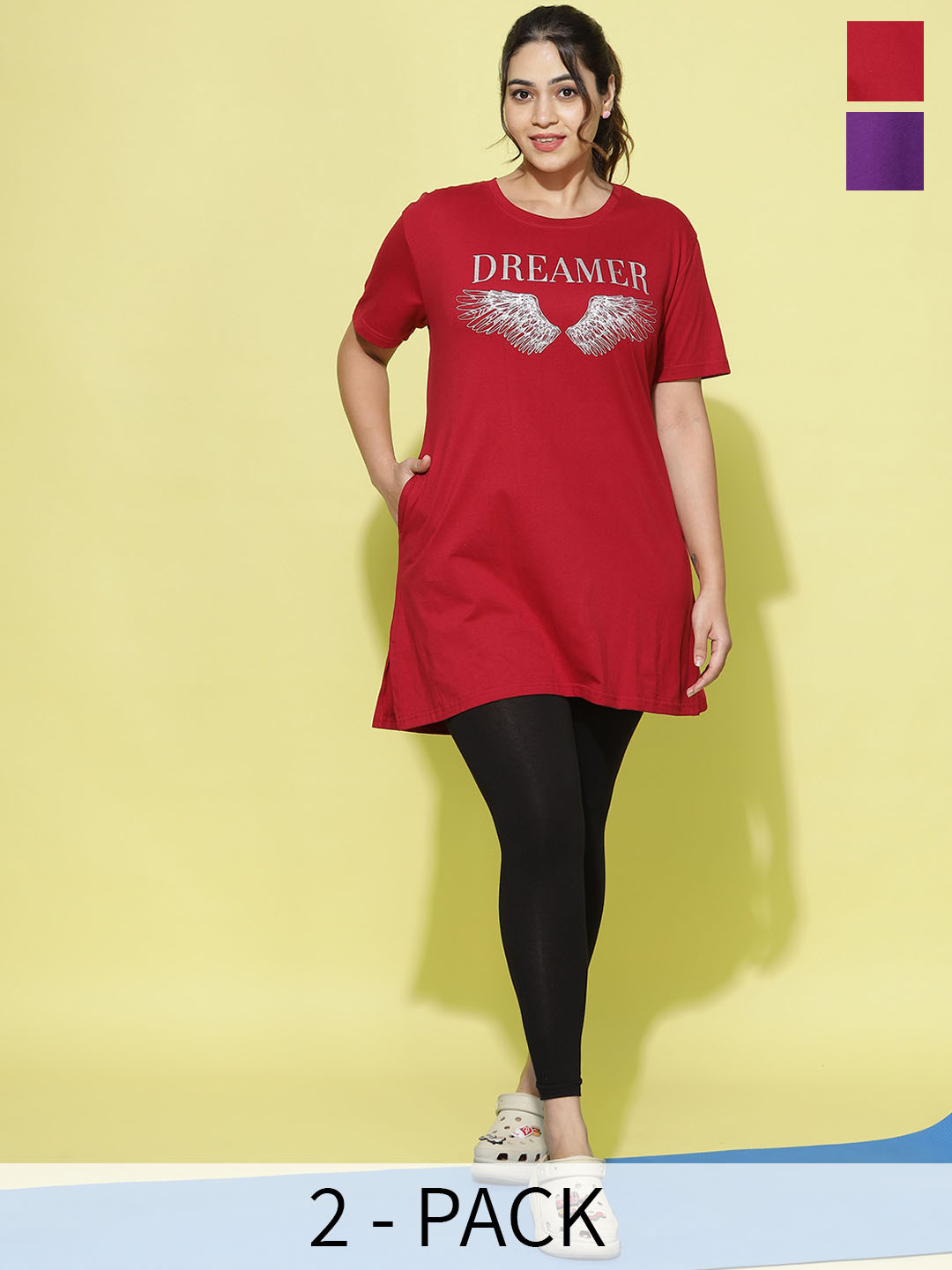 

9shines Label Plus Size Pack of 2 Printed Plus Size Cotton Drop shoulder Lounge Tshirts, Red