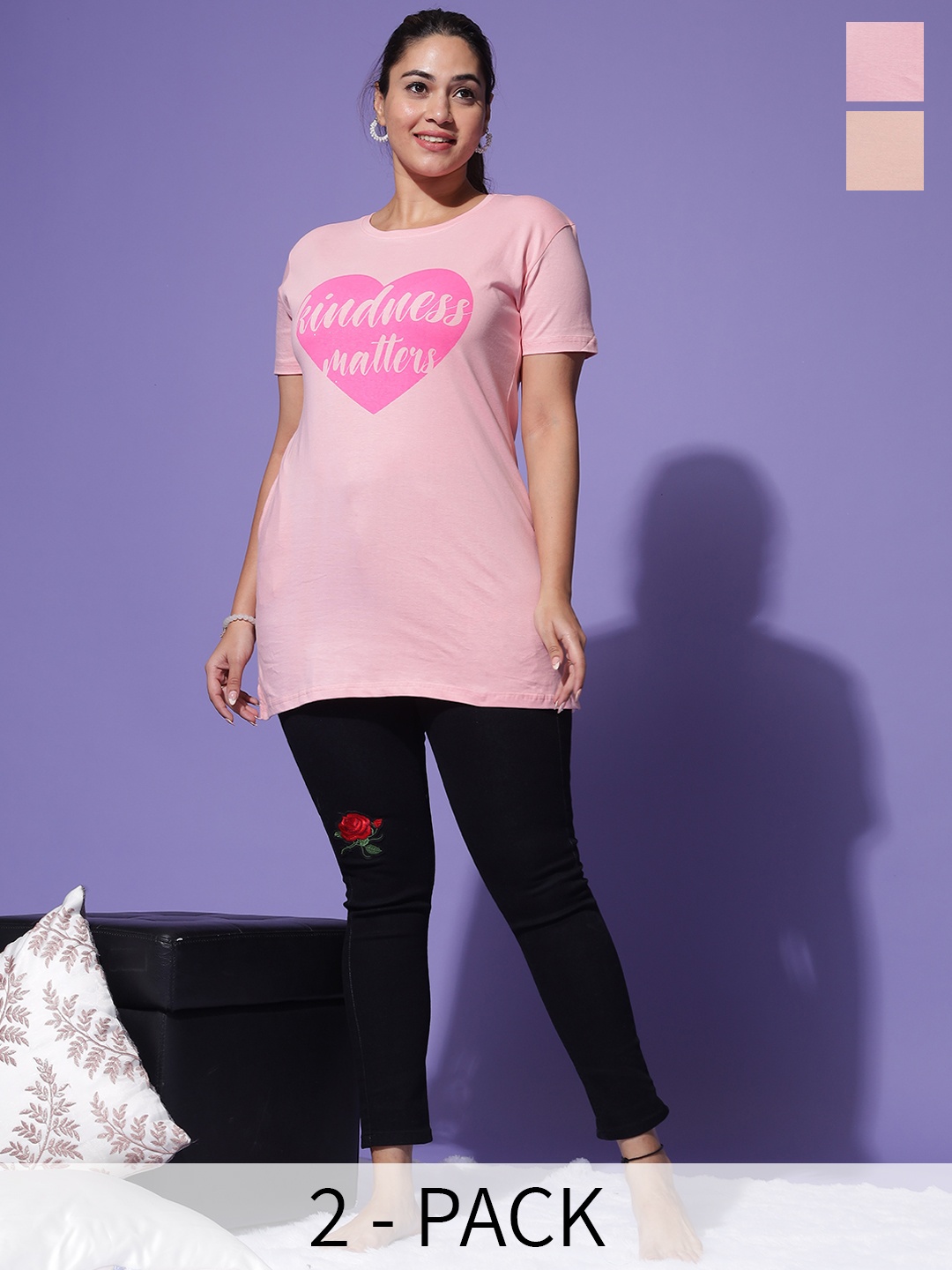 

9shines Label Women Pack of 2 Printed Plus Size Cotton Lounge T-shirt, Pink