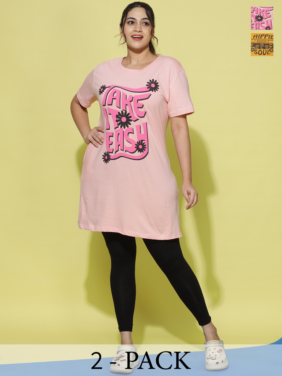 

9shines Label Pack Of 2 Printed Cotton Plus Size Lounge T-shirt, Pink