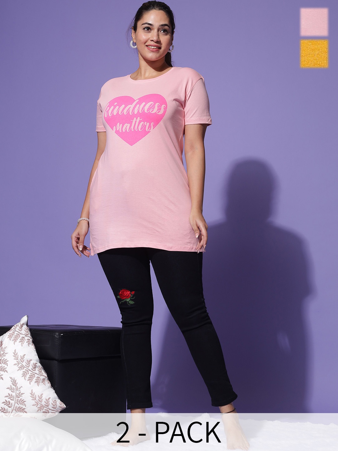 

9shines Label Pack Of 2 Printed Cotton Lounge T-Shirts, Yellow