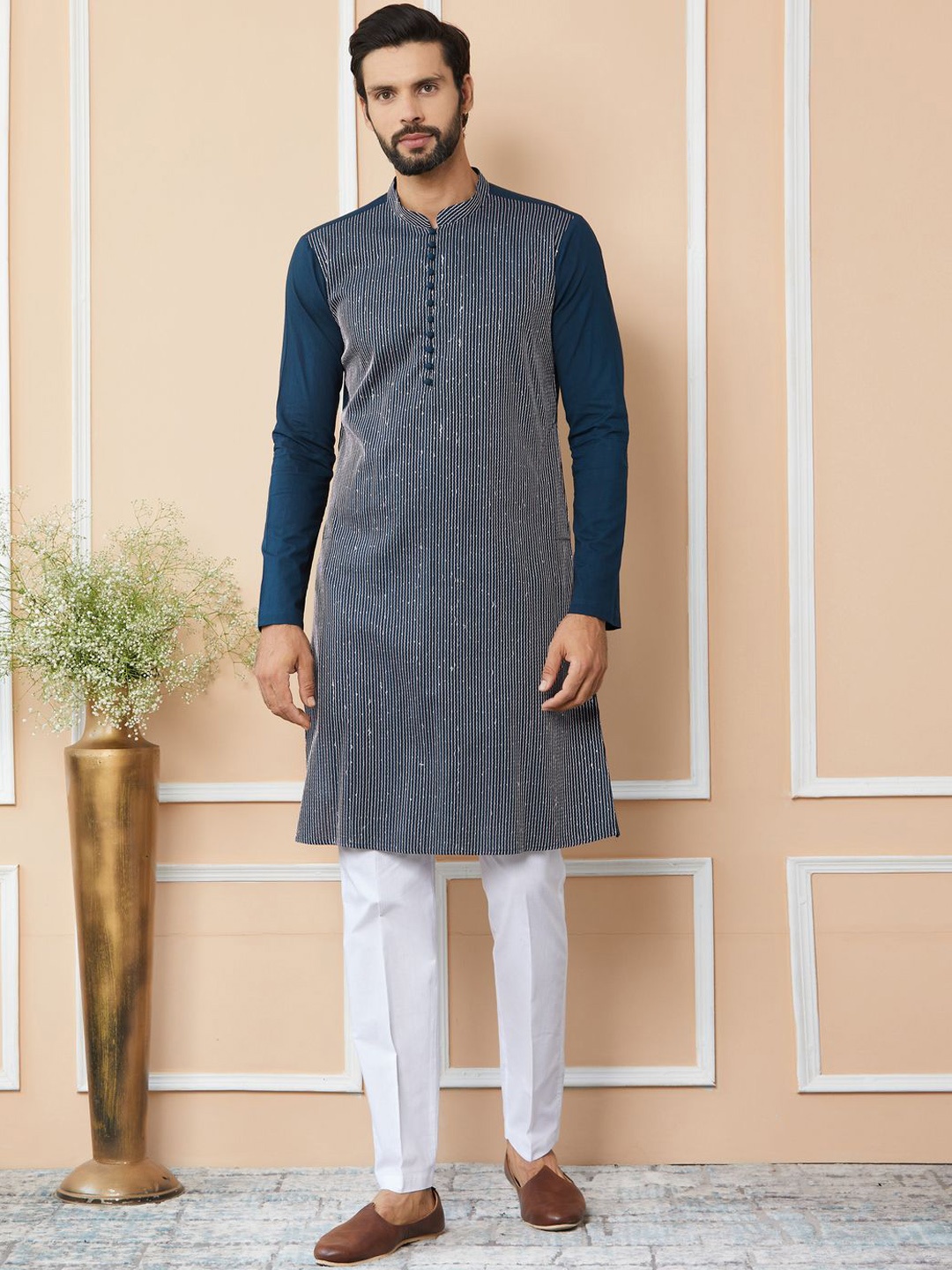

See Designs Striped Mandarin Collar Thread Work Pure Cotton Straight Kurta With Trousers, Blue