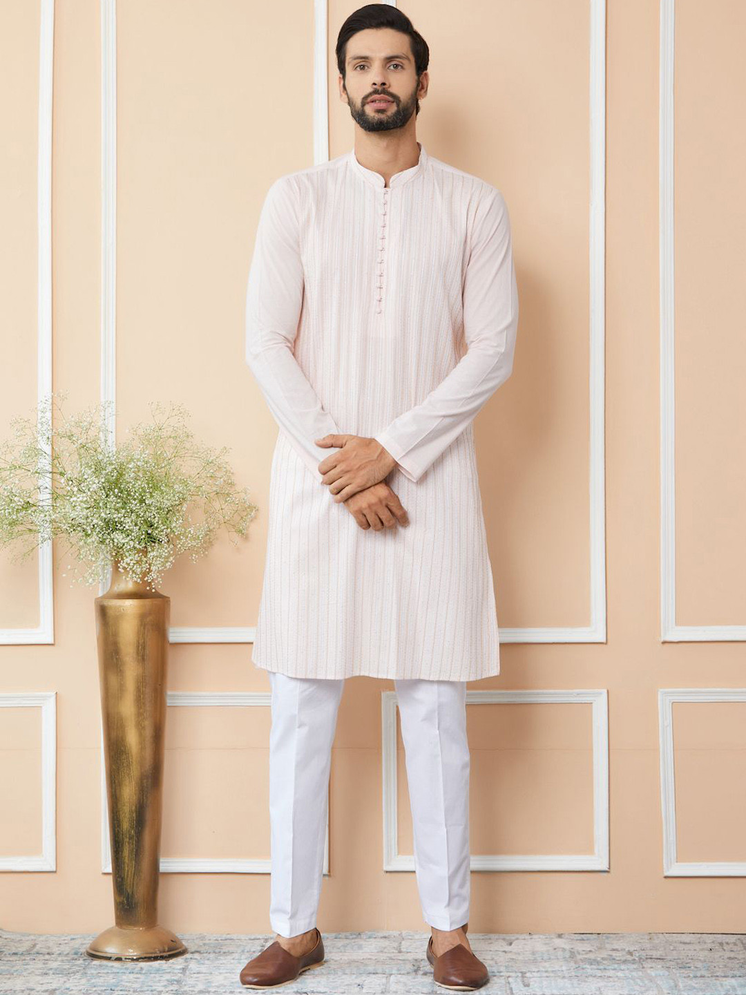 

See Designs Striped Regular Sequinned Pure Cotton Kurta with Pyjamas, Pink