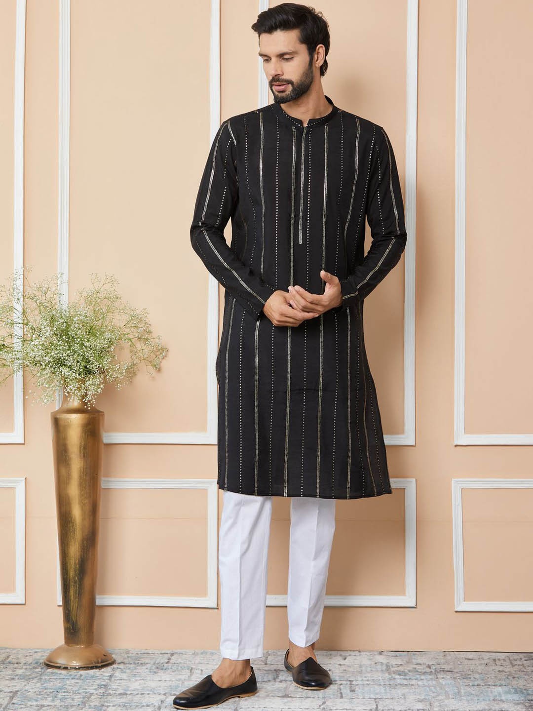 

See Designs Striped Regular Sequinned Pure Cotton Kurta with Pyjamas, Black