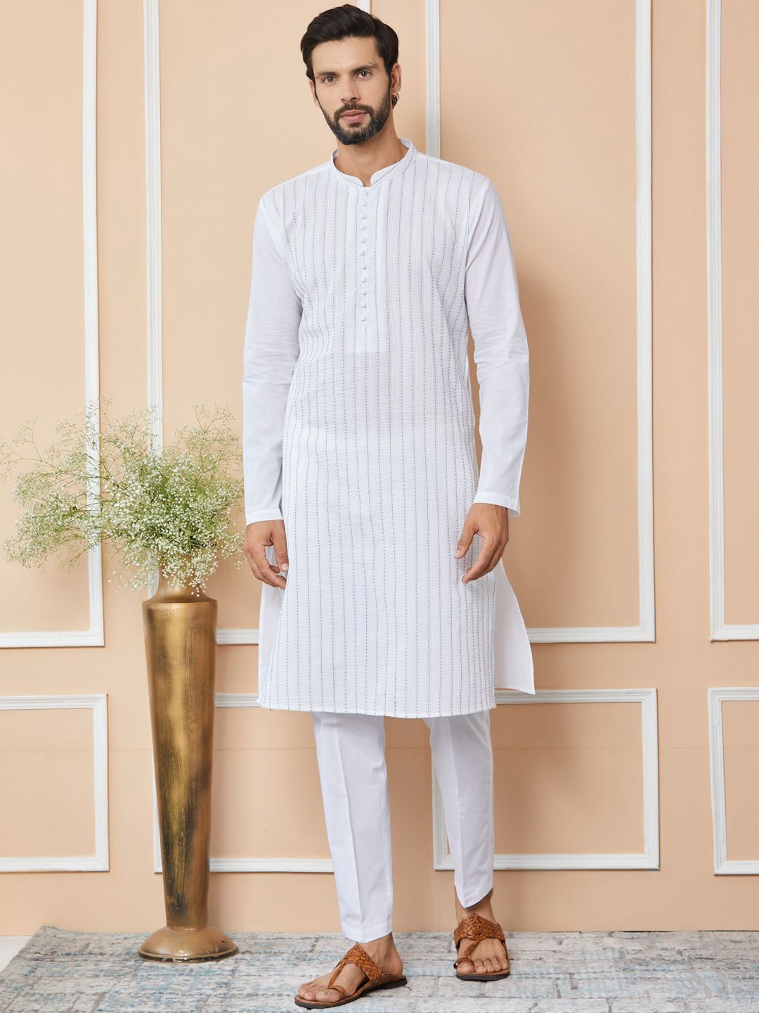 

See Designs Striped Regular Thread Work Pure Cotton Kurta with Pyjamas, White