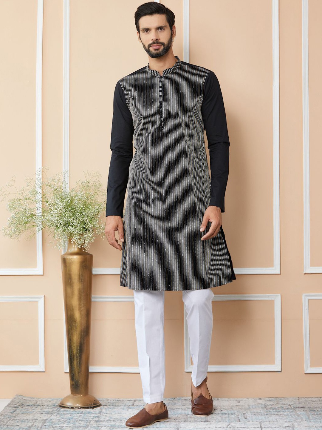 

See Designs Striped Mandarin Collar Thread Work Pure Cotton Straight Kurta With Trousers, Black