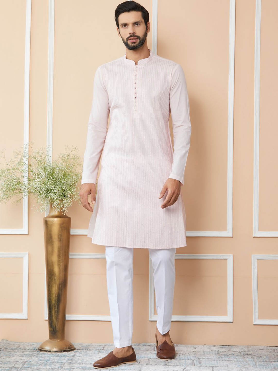 

See Designs Striped Mandarin Collar Thread Work Pure Cotton Straight Kurta With Trousers, Pink