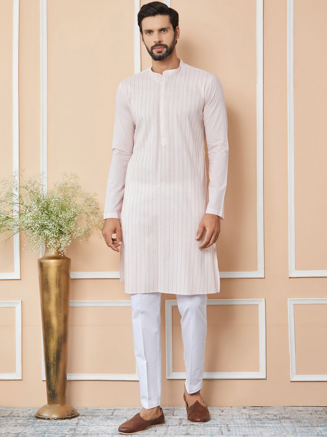 

See Designs Striped Mandarin Collar Thread Work Pure Cotton Straight Kurta With Trousers, Pink