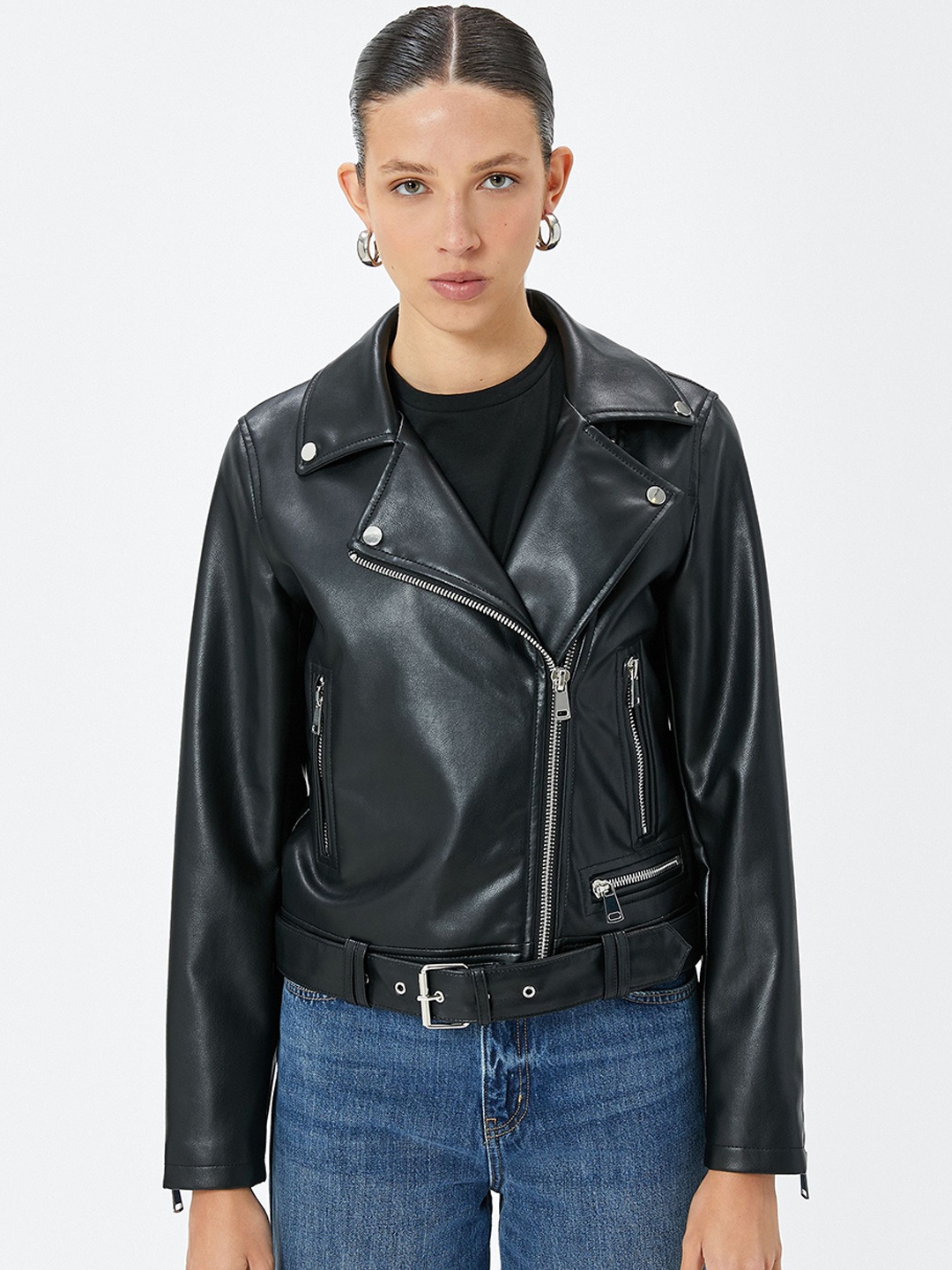 

Koton Women Crop Lapel Collar Biker Jacket, Black