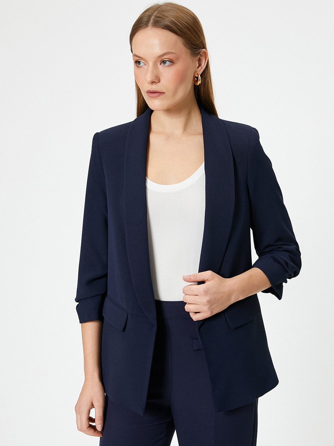 

Koton Women Solid Longline Open Front Jacket, Navy blue