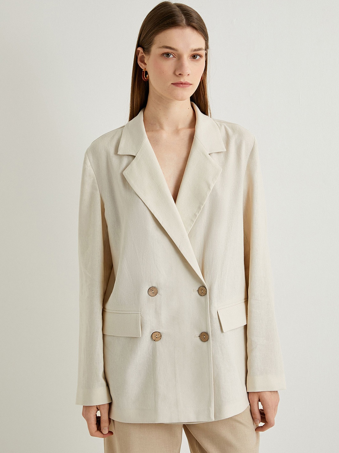 

Koton Women Lapel Collar Longline Tailored Jacket, Beige