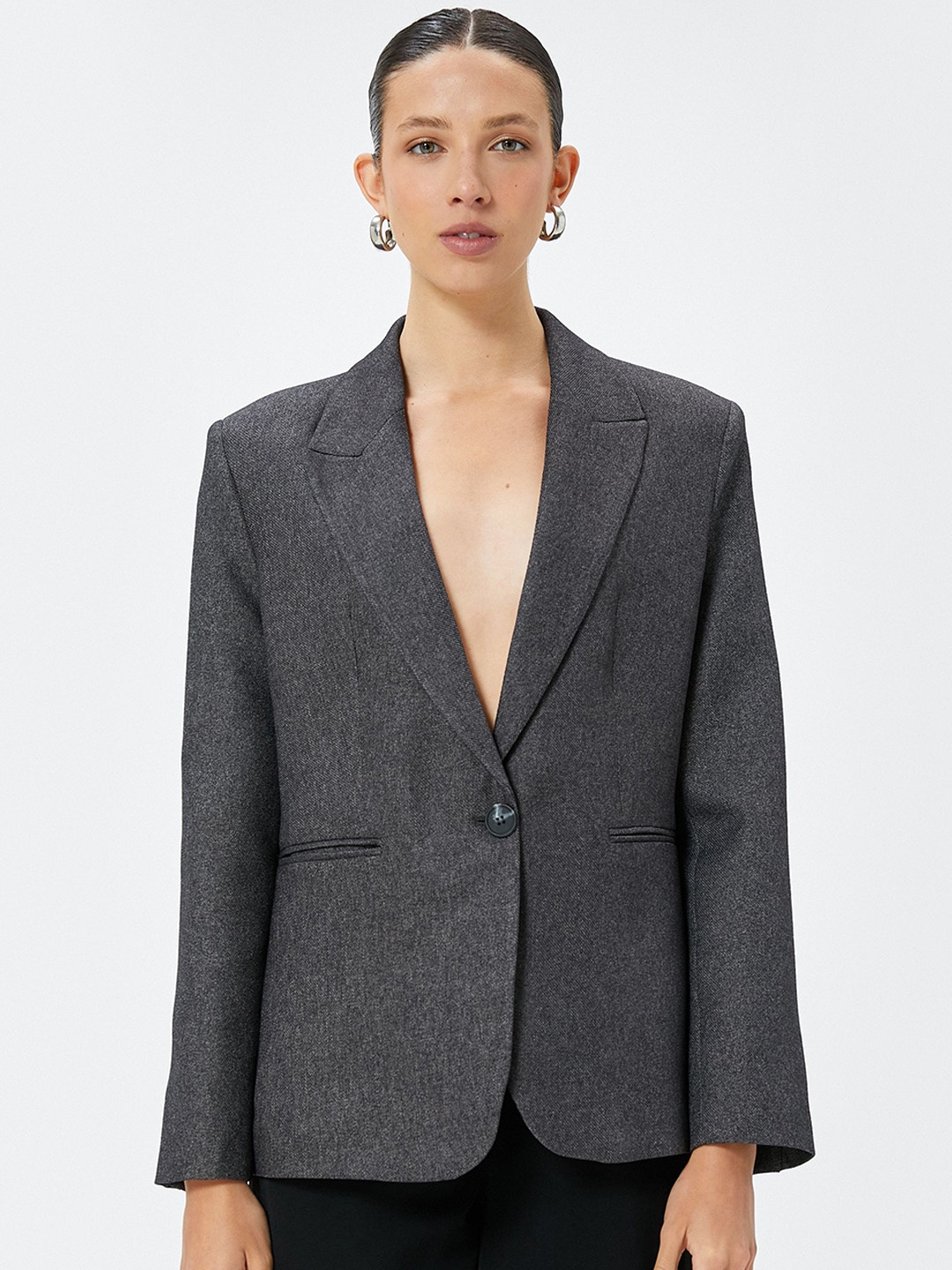 

Koton Women Solid Lapel Collar Crop Tailored Jacket, Grey