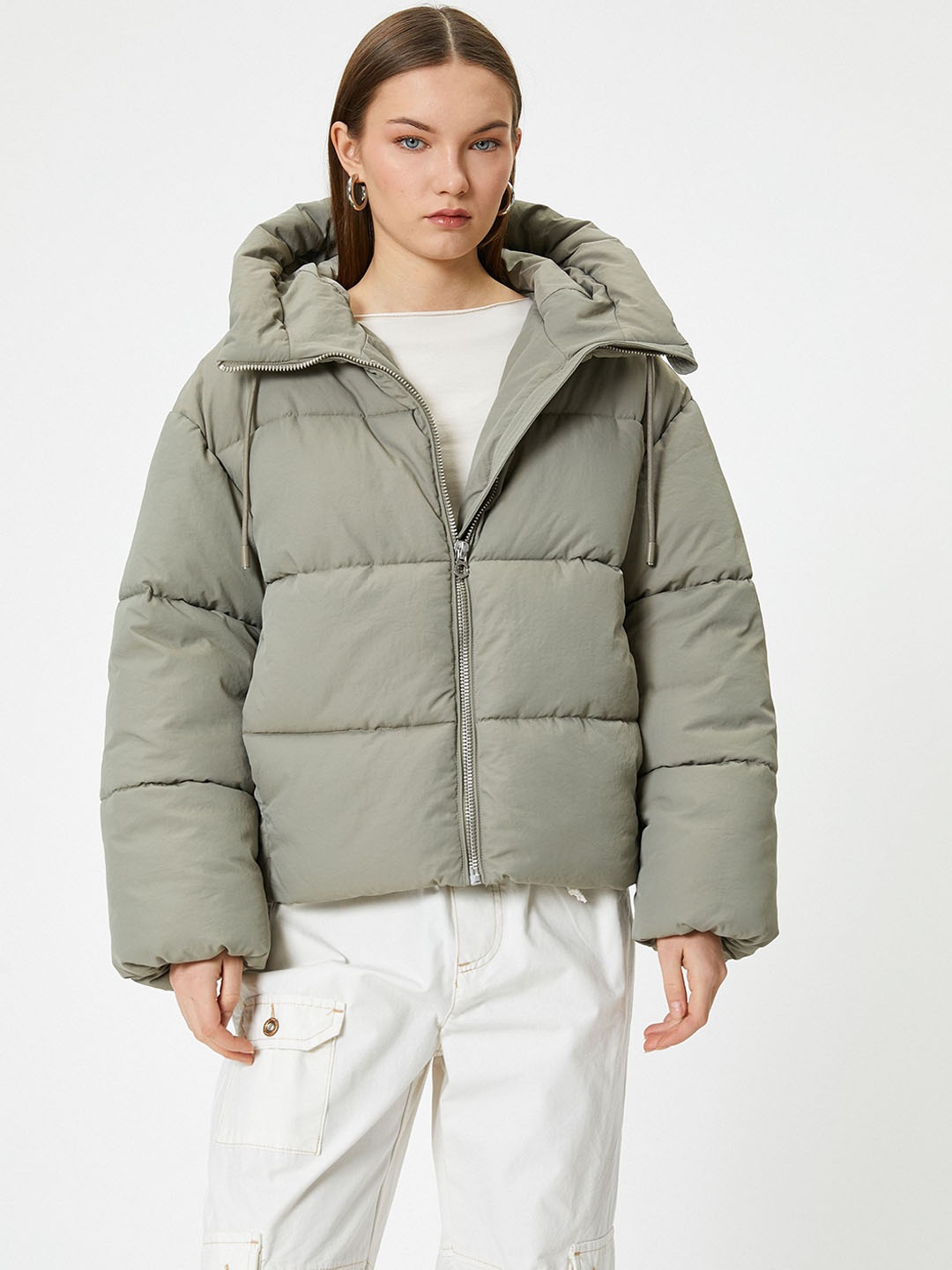 

Koton Women Solid Hooded Longline Bomber Jacket, Olive