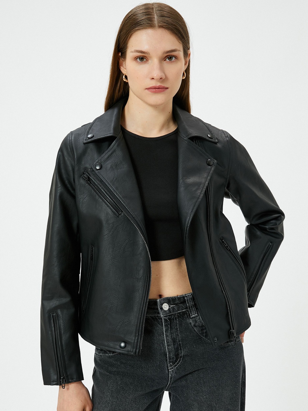 

Koton Women Solid Lapel Collar Crop Biker Jacket, Black