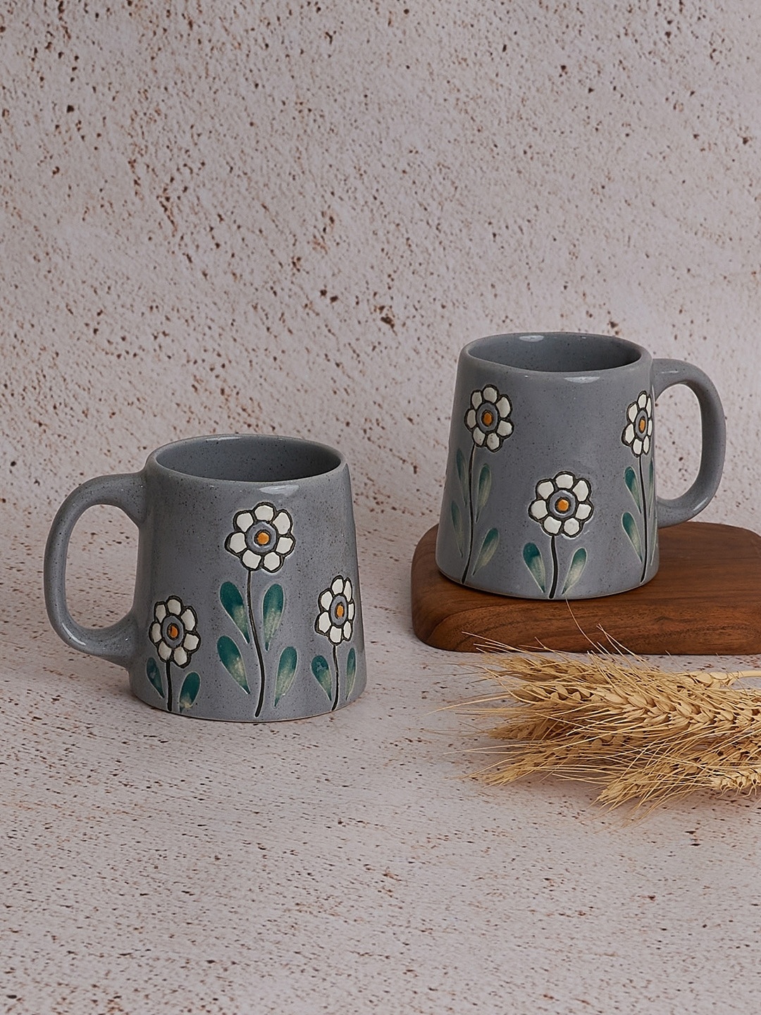 

NURTURE INDIA Grey & White 2 Pieces Printed Ceramic Matte Mugs 220 ml
