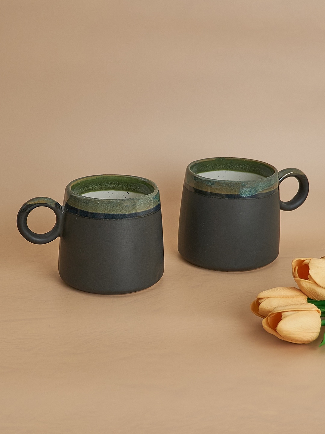 

NURTURE INDIA Black & Green 2 Pieces Ceramic Matte Mugs 450 ml